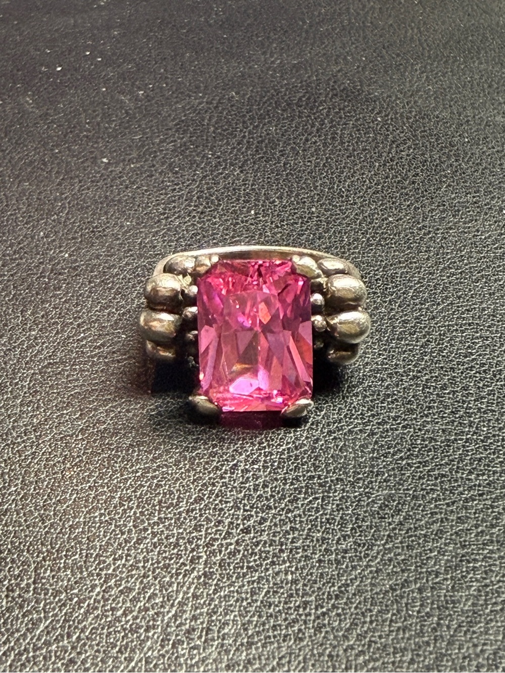 Sterling Silver Emerald Cut Pink CZ Crystal  Caviar Sterling Accents Ring Size 6